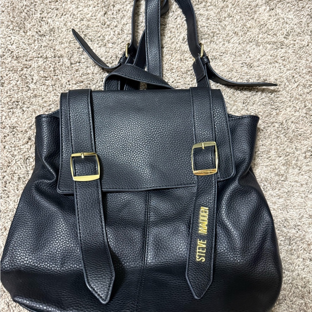 Steve Madden Black Pebbled Leather Backpack with Gold Accents